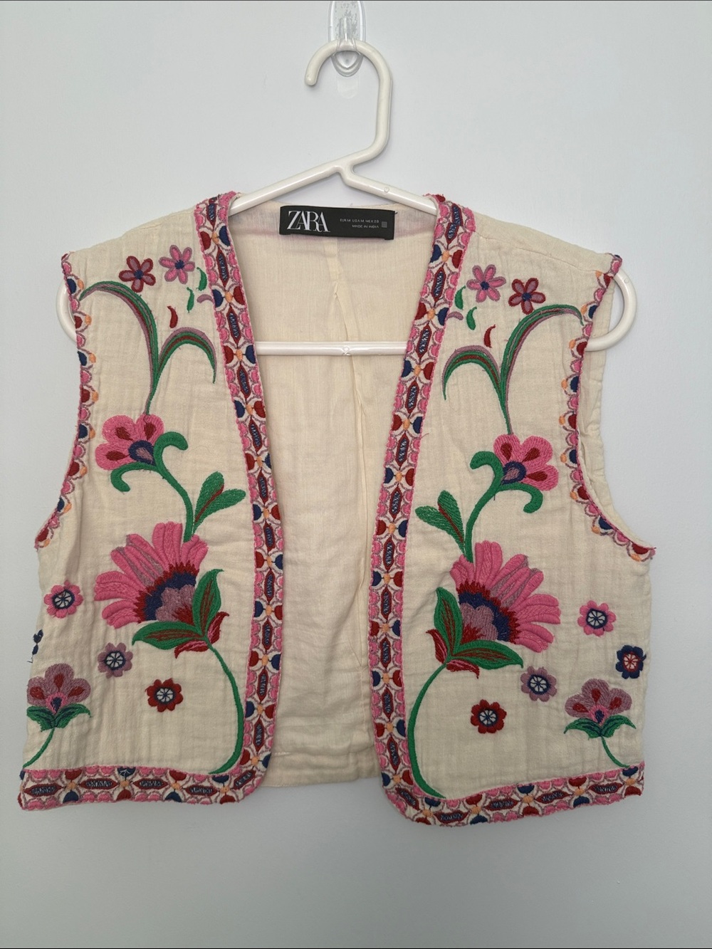 ZARA Cream Embroidered Floral Vest with Pink & Green Accents